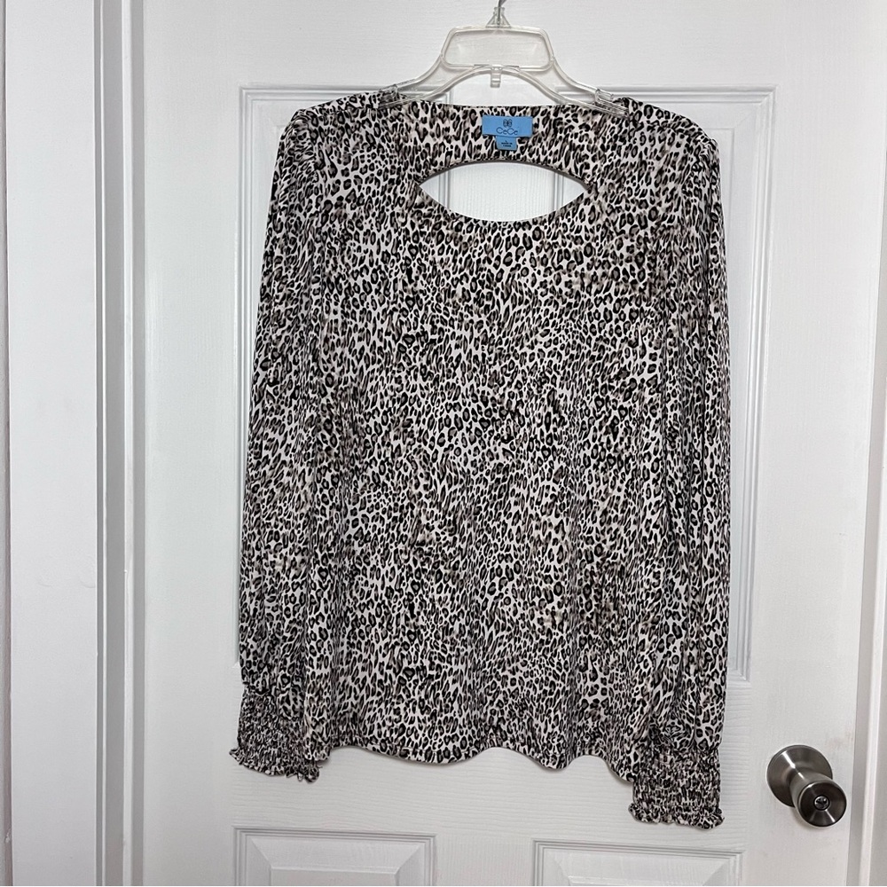 CeCe Black and White Leopard Print Blouse with Cutout